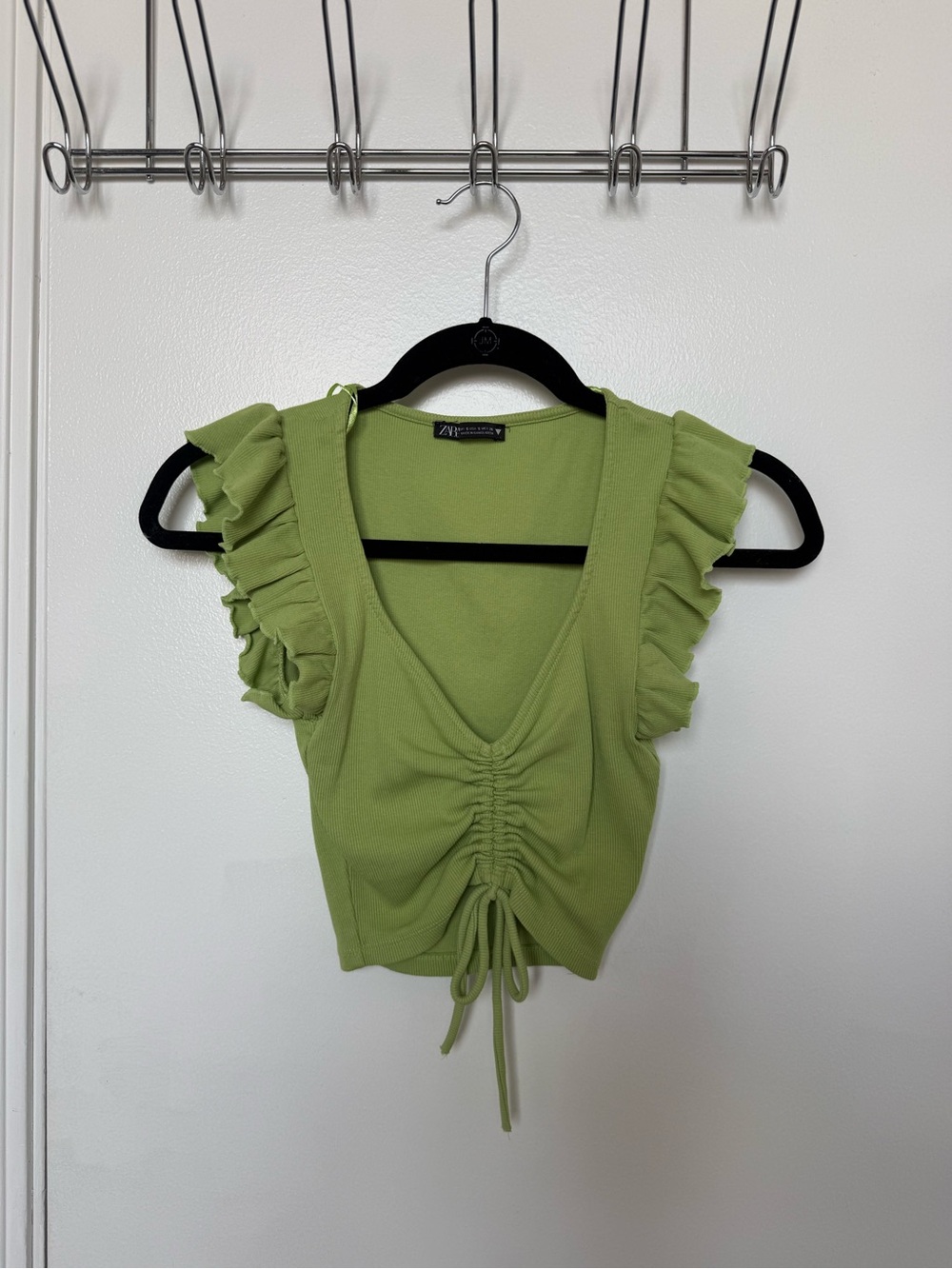 Zara Light Green Ruffled Ruched V‑Neck Crop Top